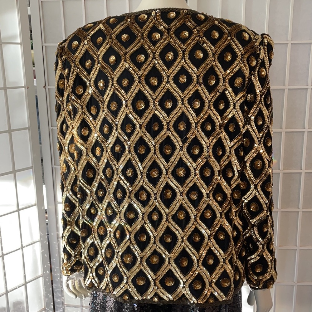 Sparkle in Vintage Black w/Gold Sequins Silk Jacket Sz L - Picture 6 of 7